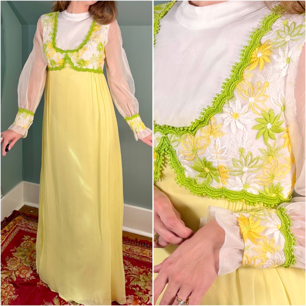 Vintage 1970s Floral Dress Flower Power 70s Fairy Whimsical Renaissance Medieval